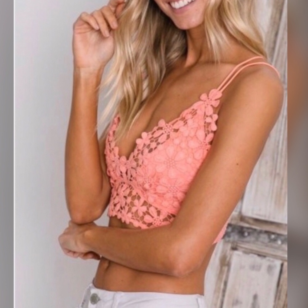 <LAST>Peach Floral Crochet Lace Bralette Top - Picture 3 of 8